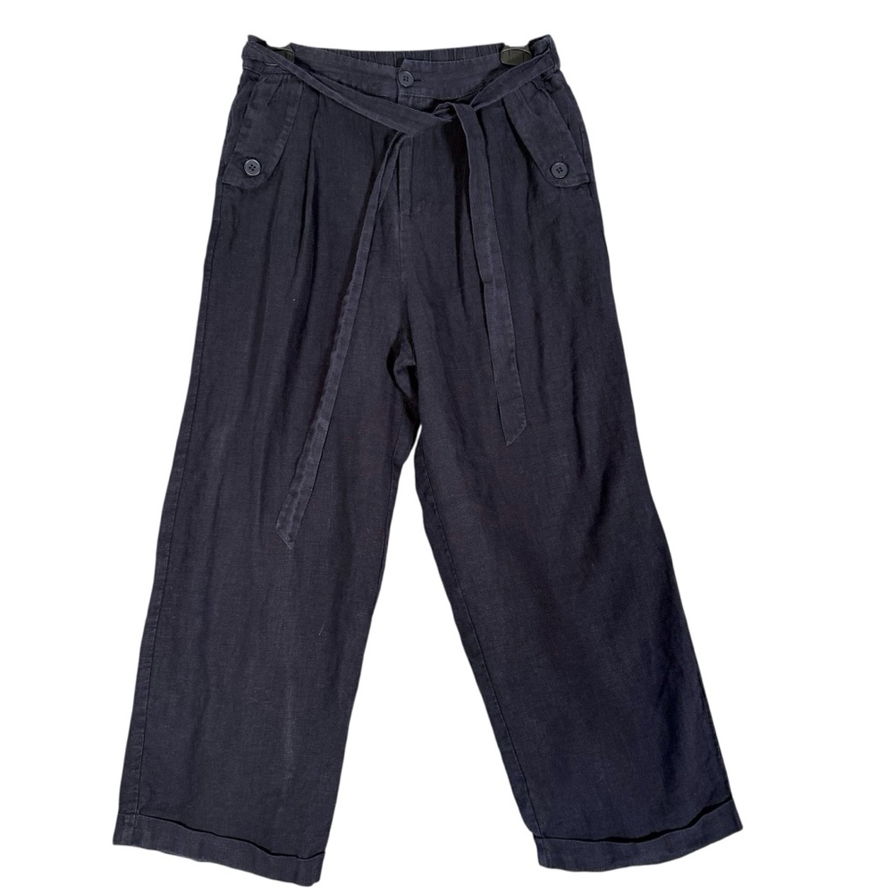 the Korner Navy 100% Linen Cropped Belted Pants Cropped Straight Leg Minimalist
